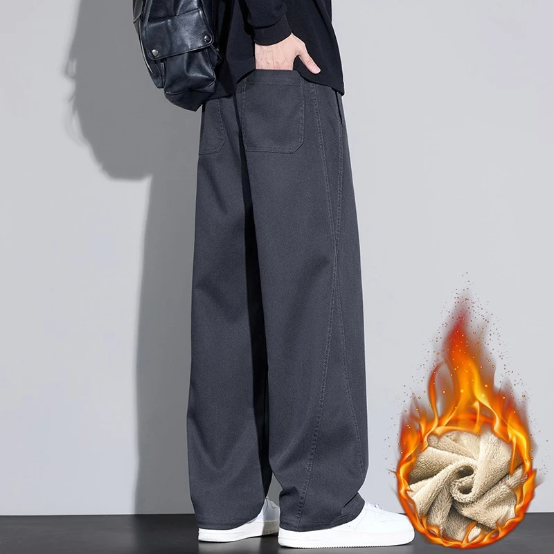 冬の新フリースパンツ男性厚いカジュアルストレートベルベットズボン暖かいファッションワイド快適な韓国男性ズボン M-4XL