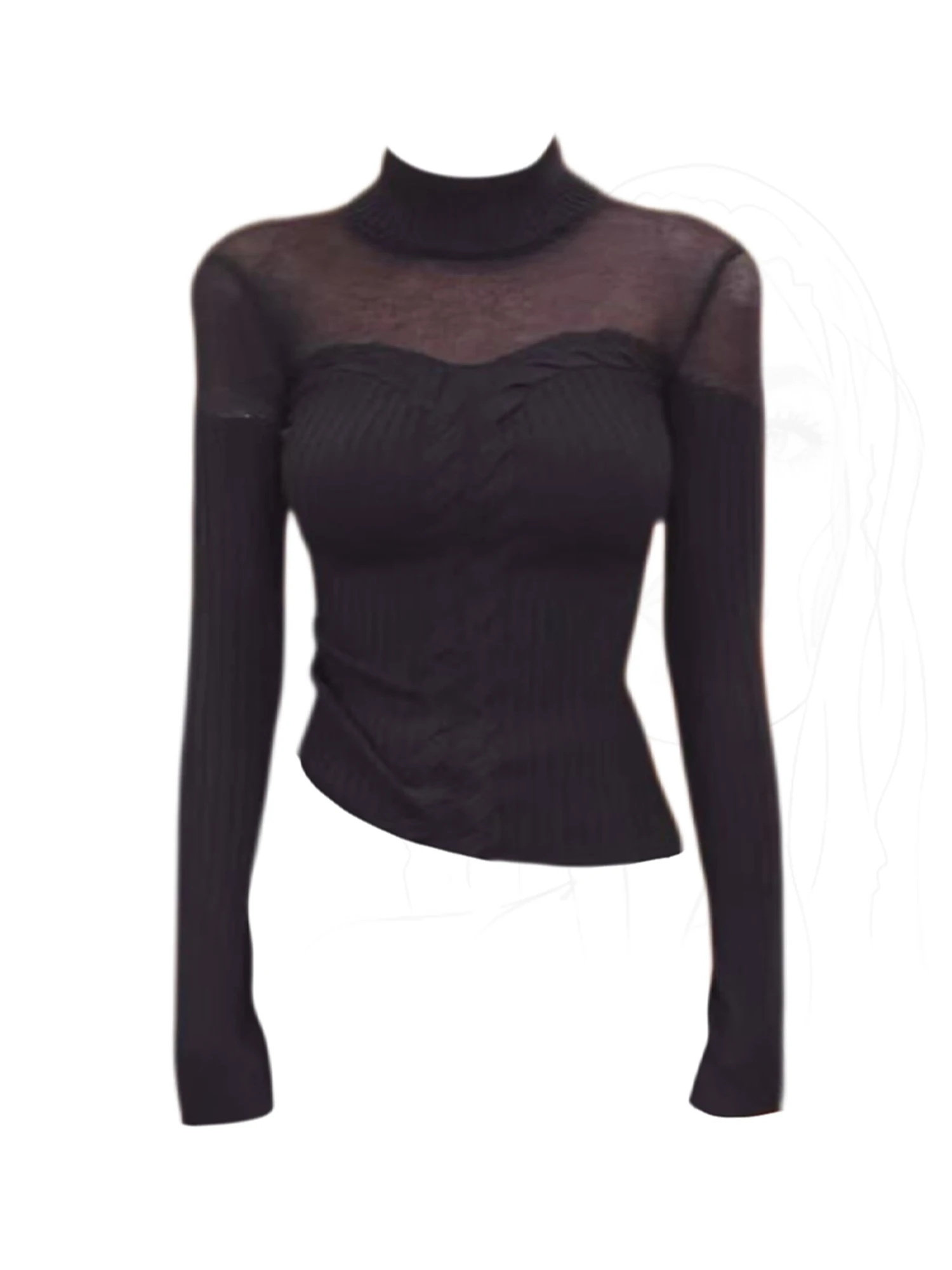 

Женская черная готическая эмо-футболка Эстетическая Y2k Gyaru Лоскутная вязаная футболка 2000-х годов Винтажные футболки большого размера с длинными рукавами Одежда