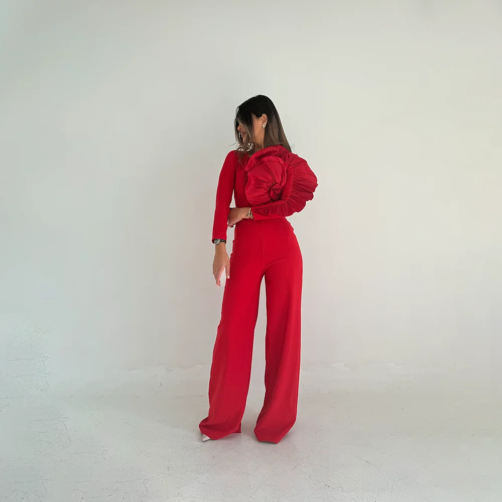 

Red Jumpsuit Evening Dress Elegant Long Sleeves Pleat Jersey Saudi Arab Prom Gown Floor Length Formal Dresses Customized