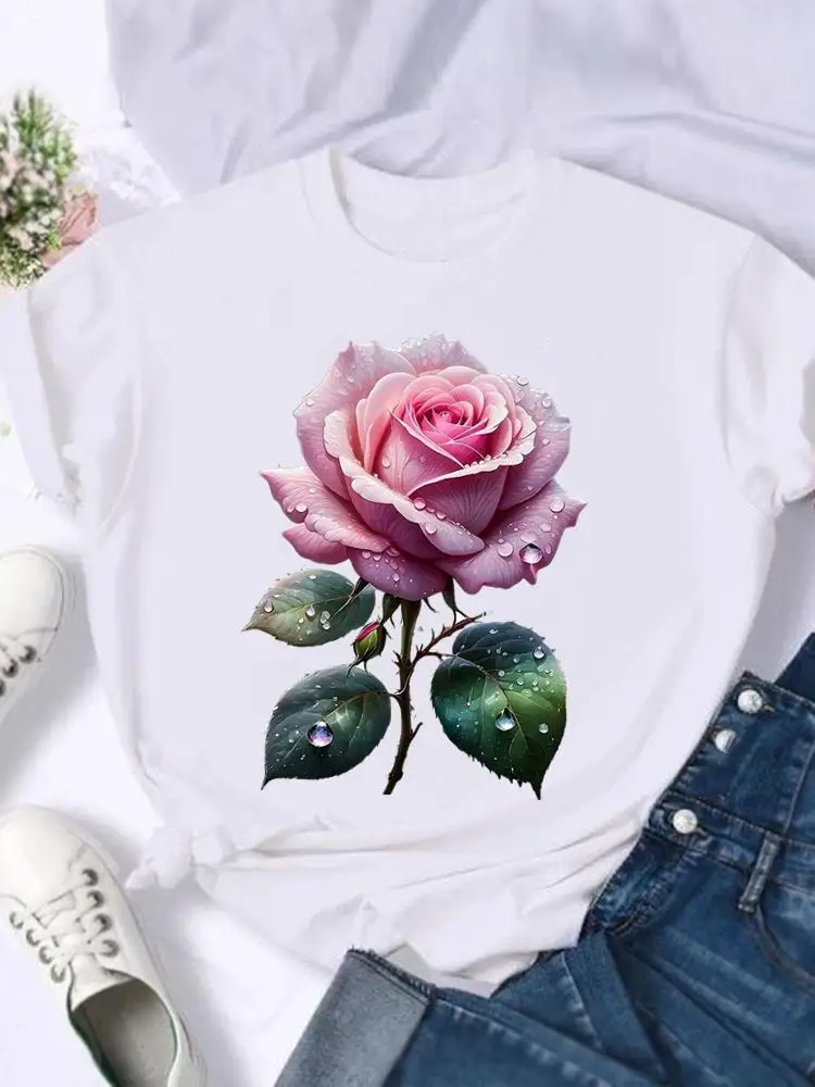 

Sweet Flower Floral Stylish Tee Print Fashion Short Sleeve T-shirts Women Shirt Graphic T Top Lady Female T-Shirt