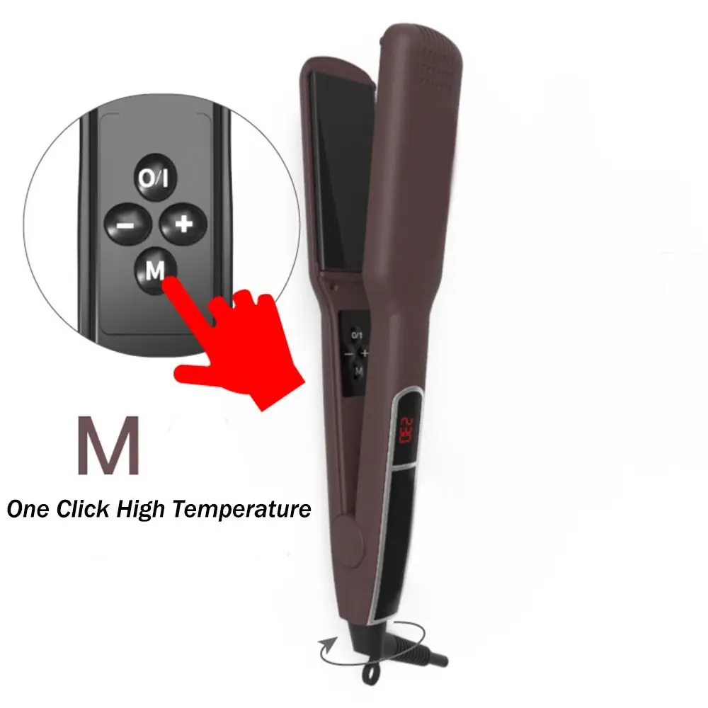 

2-Pin Plug Keratin Ceramic Hair Straightener LED Display Handle Anti-slip 2-in-1 Flat Iron & Curler Coffee Color