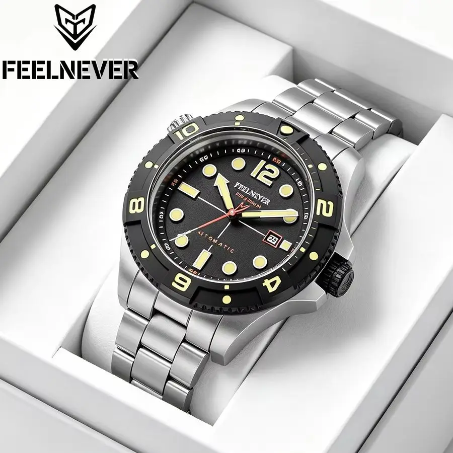 FeelNever Profession Dive Sport Mechanical Watches 316L Stainless Steel Sapphire Crystal 50Bar Auto Date Wristwatch reloj hombre