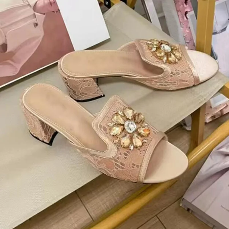 

Summer Rhinestone Flower Chunky High Heels Slipper Floral Lace Slingbacks Sandals Peep Toe Crystal Woman Banquet Wedding Shoes