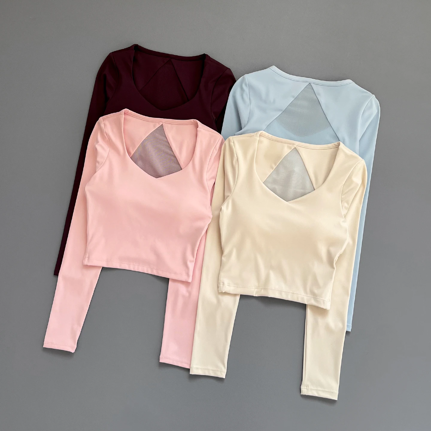 Damen Tiefer V-Ausschnitt Mesh-Rücken Crop-Top Langarm Yoga-Oberteil Schlank Schnelltrocknend Atmungsaktiv Lauf- und Fitness-Sportshirt