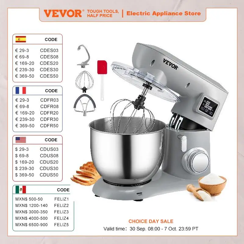 VEVOR 450W Electric Dough Mixer All Metal Stand Mixer with 6 Speeds LCD Screen Timing Tilt-Head Food Mixer Splash-Proof Cover