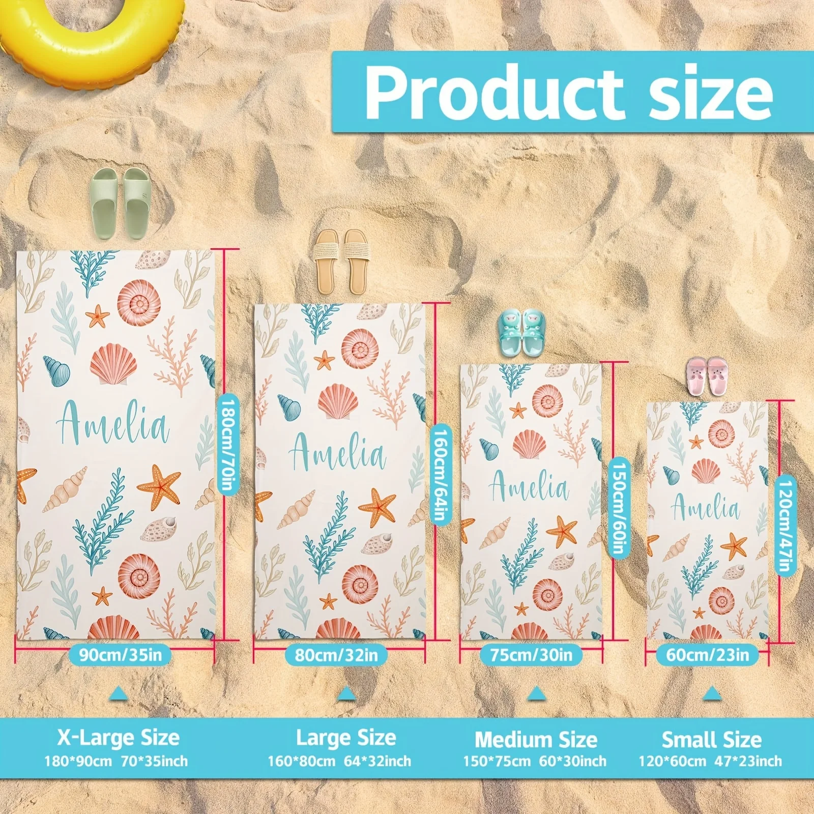 Custom Seashell Beach Towel Personalized Name Amelia 160x80cm Microfiber Bath Towels All Season Soft Absorbent Blanket
