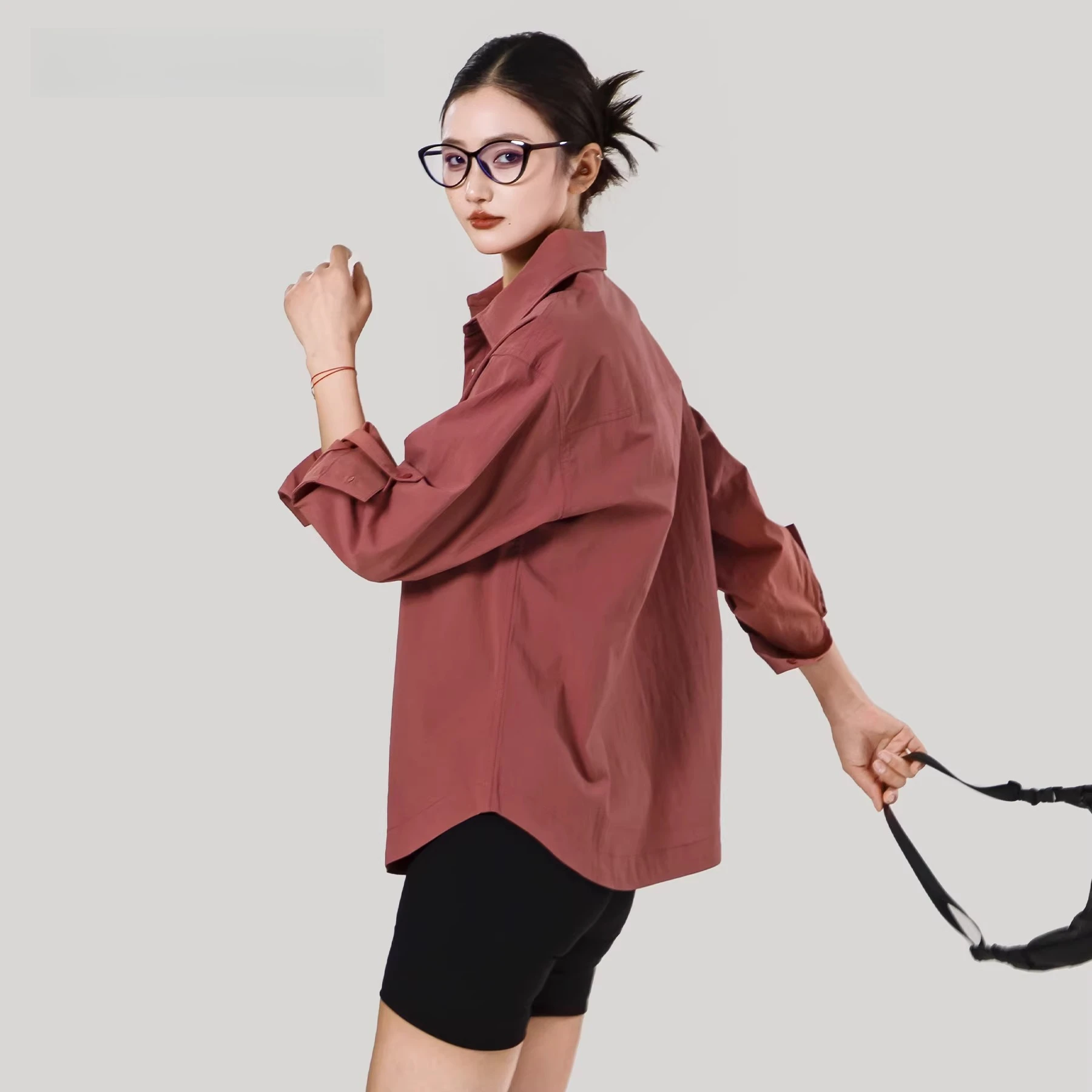 Unisex Crinkle Texture Shirt Half-Placket Turn-down Collar Loose Fit Roll-up Sleeves Casual Spring Summer Top