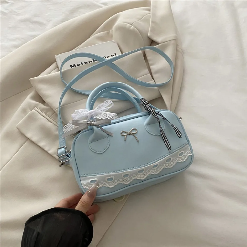 

Dumpling Style PU Leather Boston Handbag Lace Ribbon Bow Crossbody Bowling Bag Texture Waterproof Small Square Bag Travel