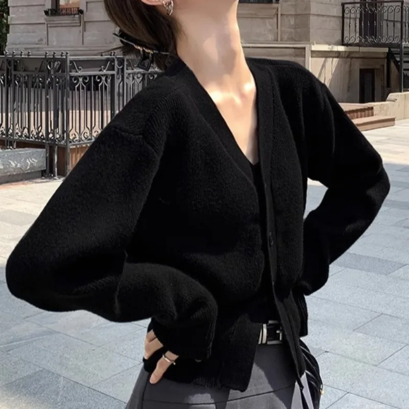 High Street Cardigans for Women Solid Long Sleeve V-neck All-match Young Girls Korean Style Ins Minimalist Leisure Autumn Winter