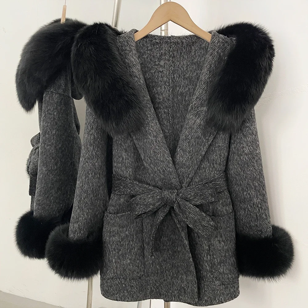 OFTBUY Winter Warmer Dicker Modischer Wollmantel Neuer Eleganter Taillierter Wollmantel für Damen mit Echtem Pelzkragen und Kapuze – Detail 7