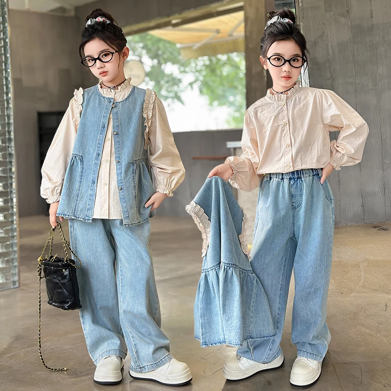 teenage girls denim clothes suit Cowboy vest+Lotus leaf collar shirt+Wide leg jeans 3pcs junior kids suit children outfits 12 14