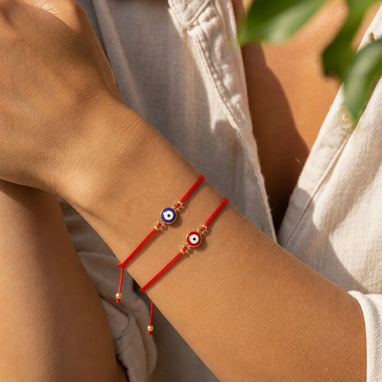 2pcs Trendy Adjustable Cotton Rope Bracelet with Round Copper Alloy Charm Rope Chain and Tie Closure for Men and Women