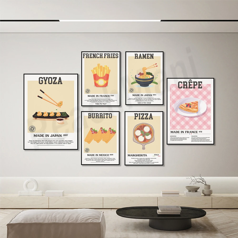 Japanese ramen, dumplings, Turkish kebabs, burritos, French fries, crepes, Italian gelato, aesthetic kitchen decoration poster