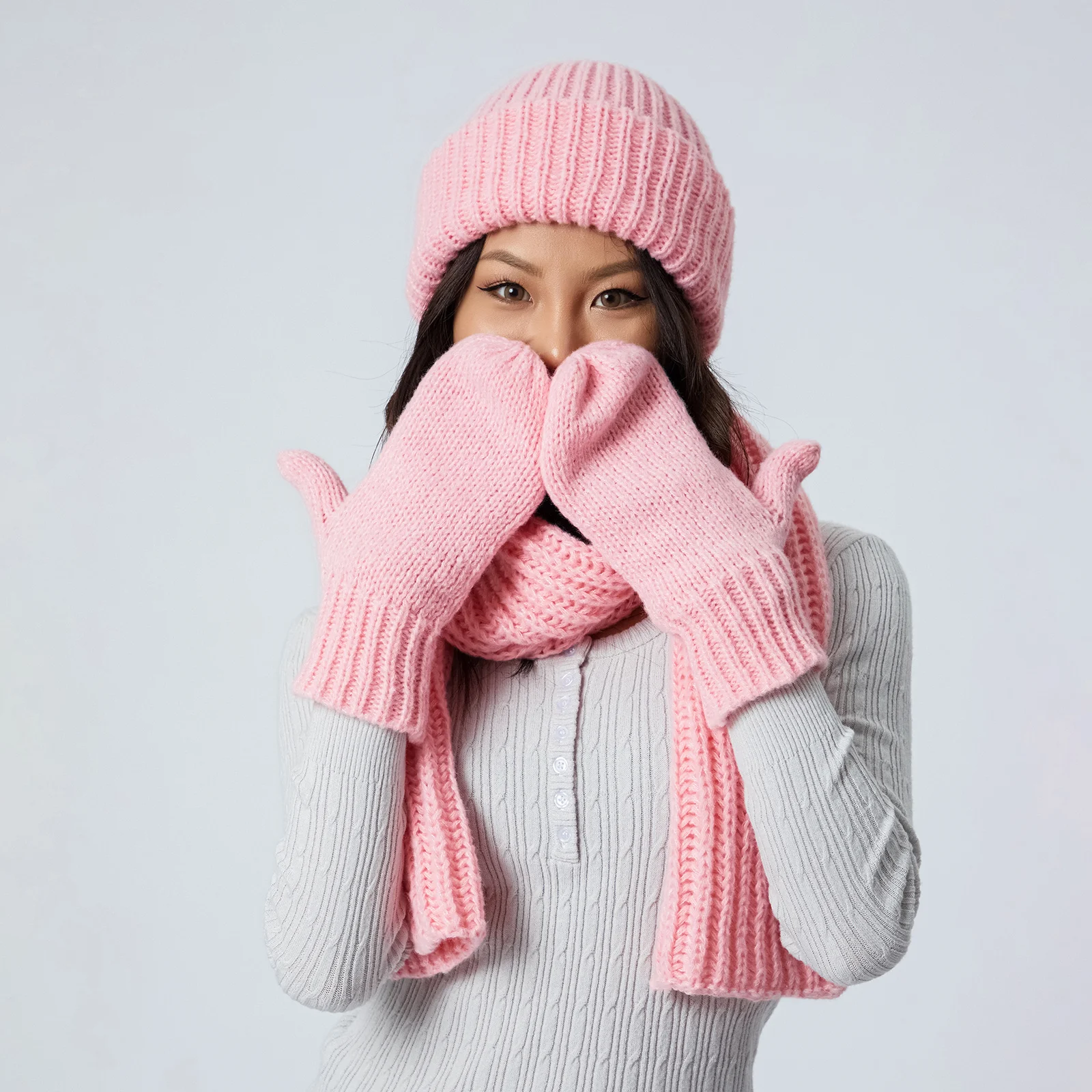 Combhasaki topi rajut wanita, set sarung tangan lembut hangat warna polos aksesoris gaya untuk cuaca dingin