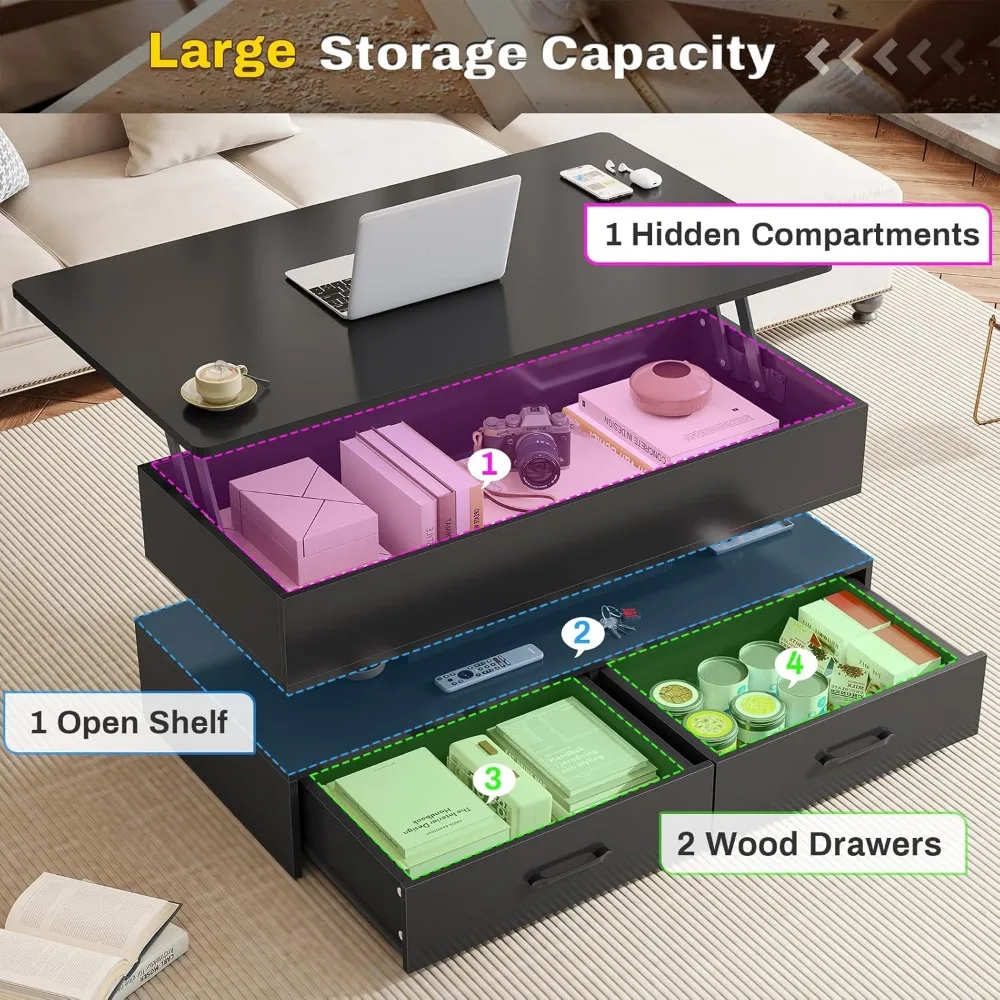 Lift Top Coffee Table with Storage and LED Light for Living Room, Small Table with 2 Drawers