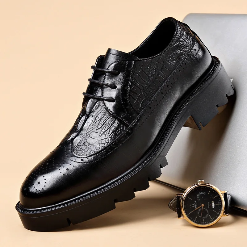 men luxury fashion party nightclub dress genuine leather shoes crocodile pattern brogue shoe black trend gentleman footwear mans