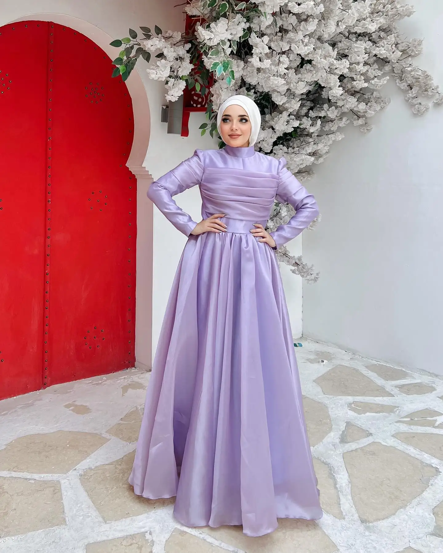 Jirocum Purple A Line Prom Dress Women\'s Long Sleeve High Neck Muslim Party Evening Gown Elegant Tiered Special Occasion Dresses