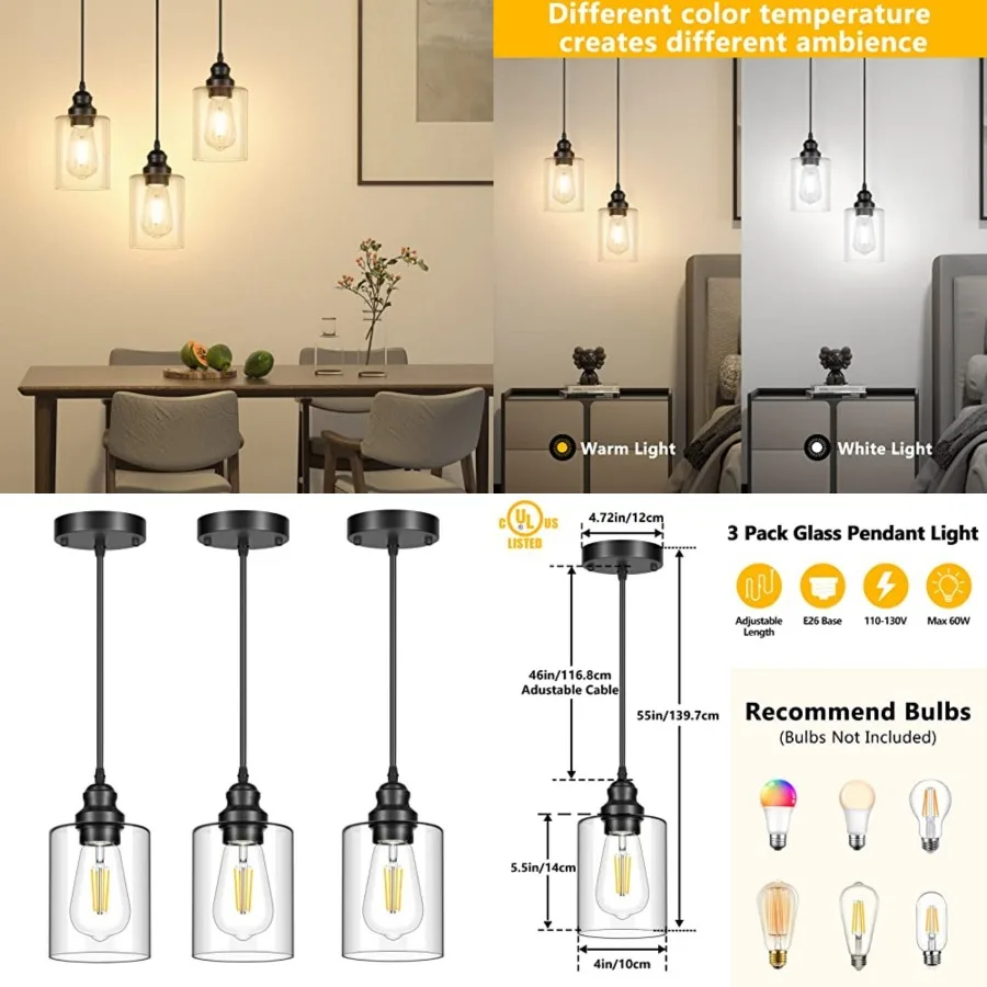 

3 Pack Hanging Pendant Lighting Fixtures, Adjustable Black Hanging Ceiling Lamp with Clear Glass Shade, Modern Pendant Light fo