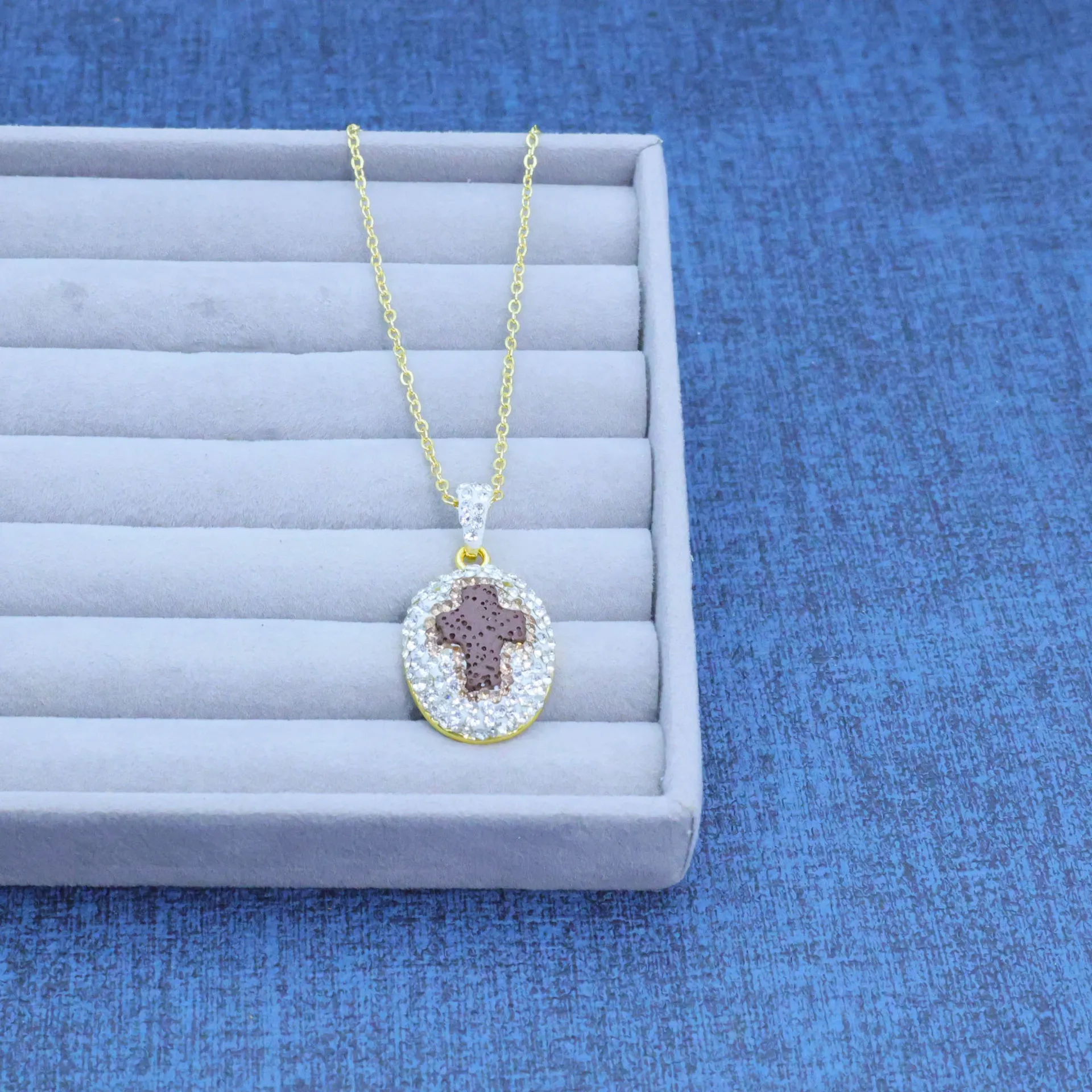 New style volcanic stone cross jewelry DIY three-piece earrings necklace ring manufacturer wholesale
