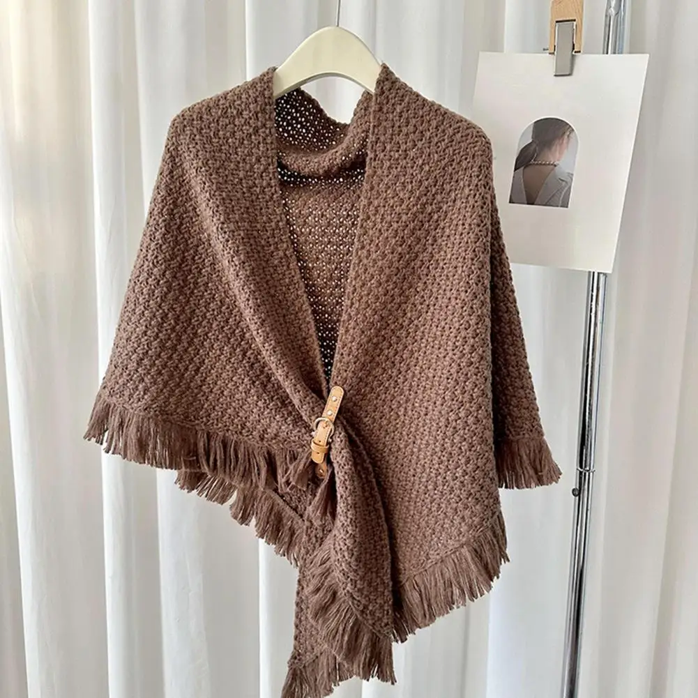 

Knit Shawl With Button Closure Cozy Knit Triangle Scarf With Tassel Decoration Button Detail Thick Warm For Autumn For Women