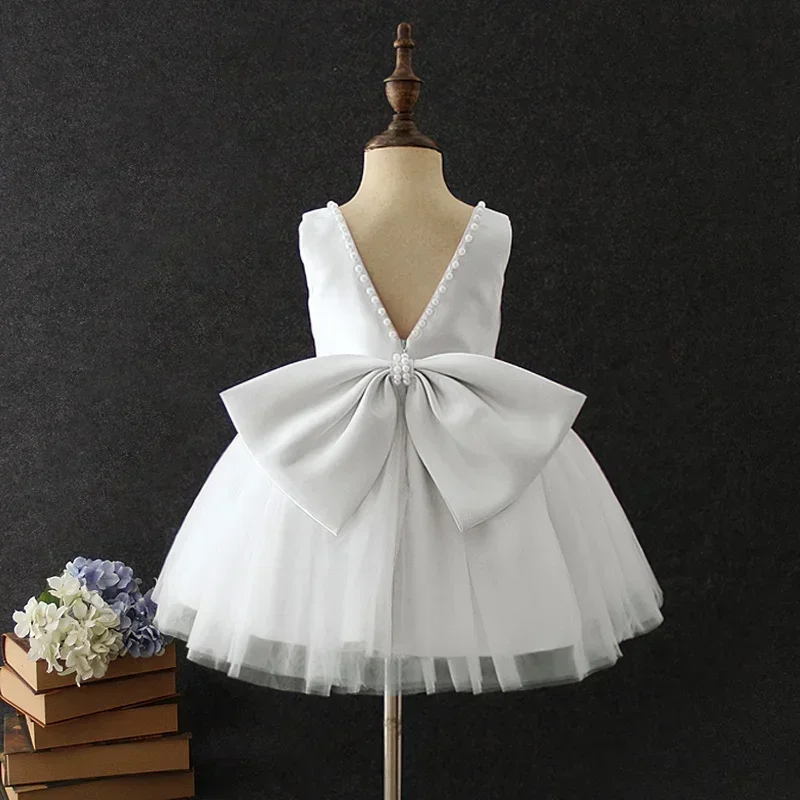 Backless Pearls Bow Baby Dresses for  Girls Birthday Party Wear Wedding Flower Green Dress Toddler Kids Christmas New Year Dress