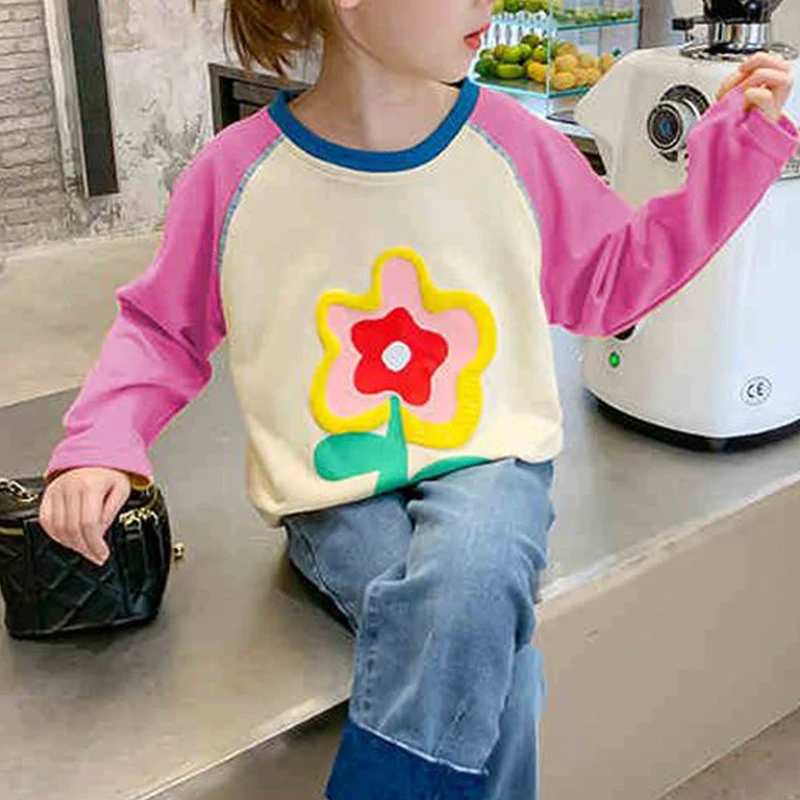 

Spring Autumn Kawaii Flower Print Long Sleeve Girls' T-shirts Loose Casual All Match Kids Bottom Shirt Cute Children's Clothes