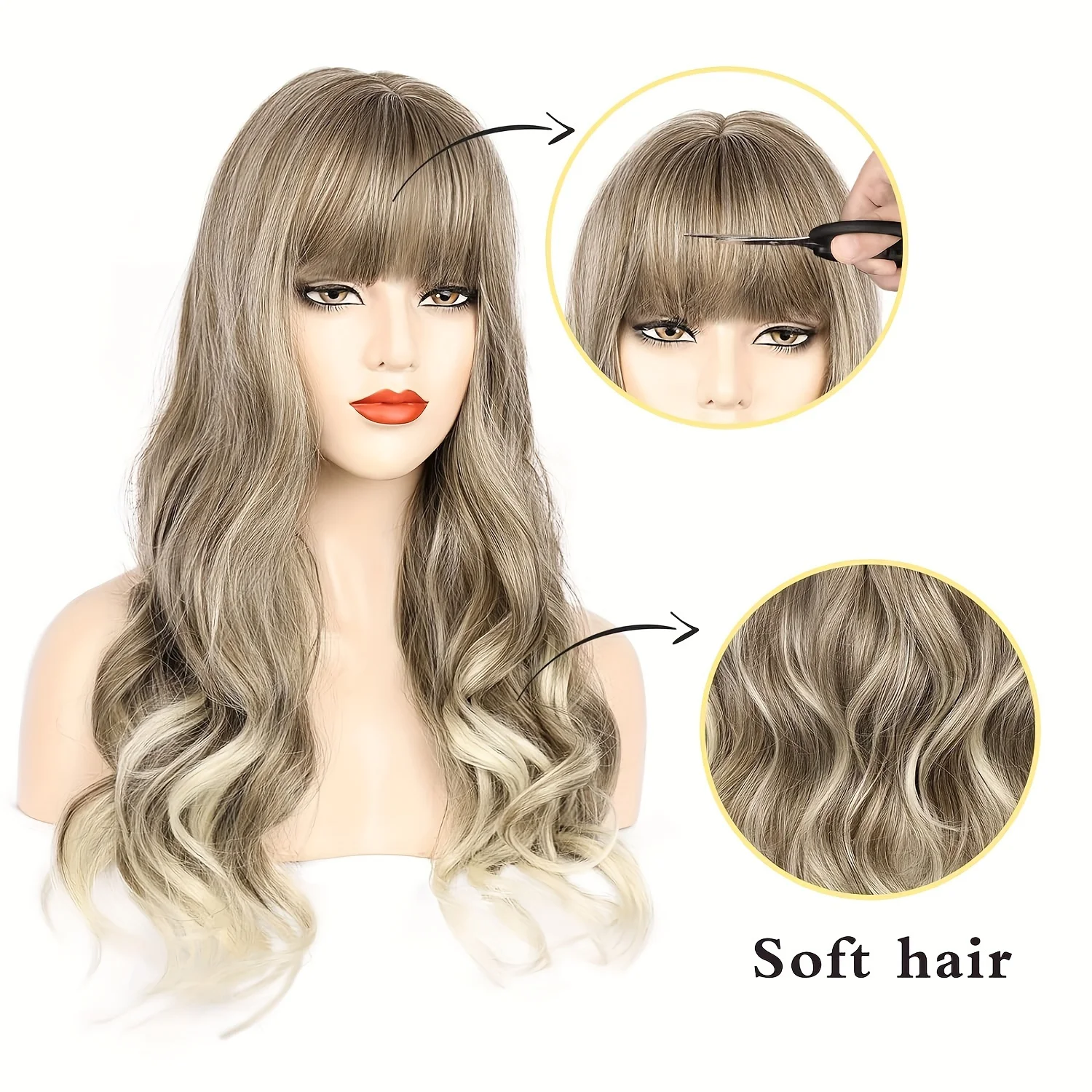 شعر مستعار طويل مموج مع غرة للنساء - شعر مستعار صناعي مموج مقاوم للحرارة بني فاتح مزيج شعر أشقر بمظهر طبيعي وسهل التصميم #3