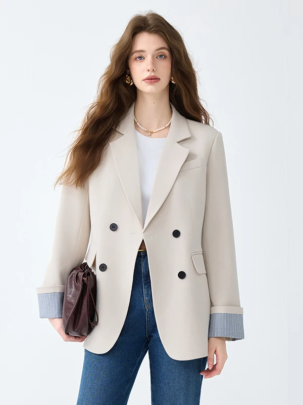 

Fashionable Korean Style Double Breasted Suit Jacket Casual Versatile OL Commute Workwear Polyester Fiber Full Lined Long Sleeve