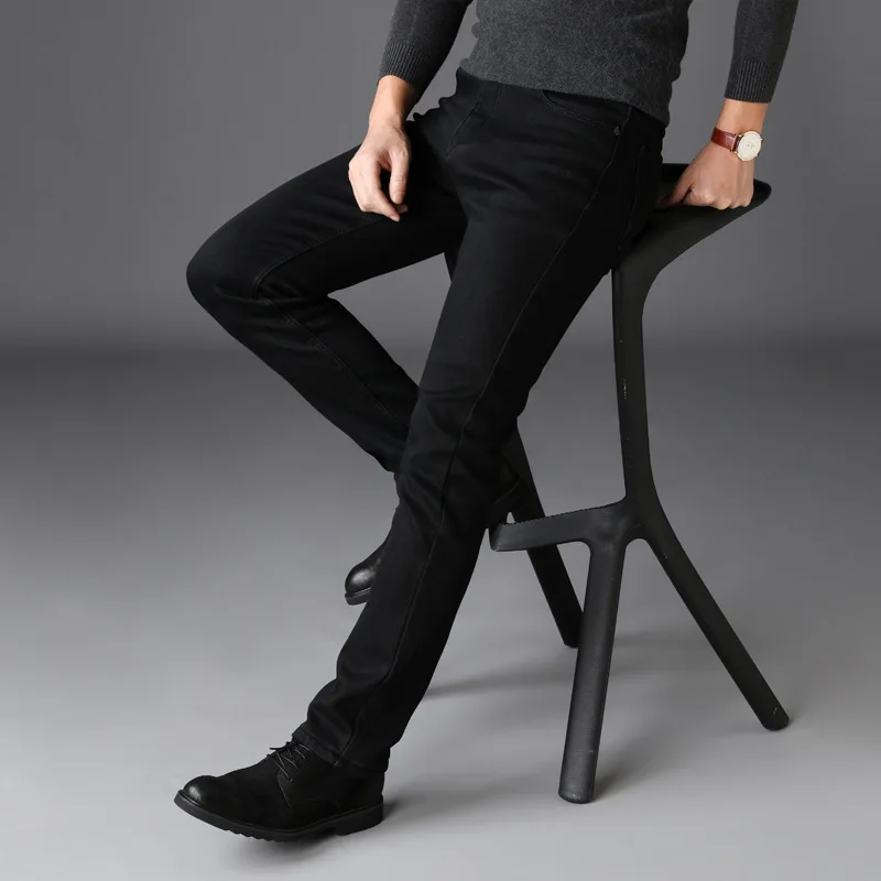 

Утепленные флисовые повседневные модные облегающие эластичные молодежные теплые джинсы для мужчин, осенне-зимняя основная акция, стандартный крой J...