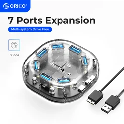 ORICO Transparent Series USB HUB Multi 4 7-Port-Hochgeschwindigkeits-USB3.0-Splitter mit Micro-USB-Stromanschluss für Laptop-PC OTG-Adapter