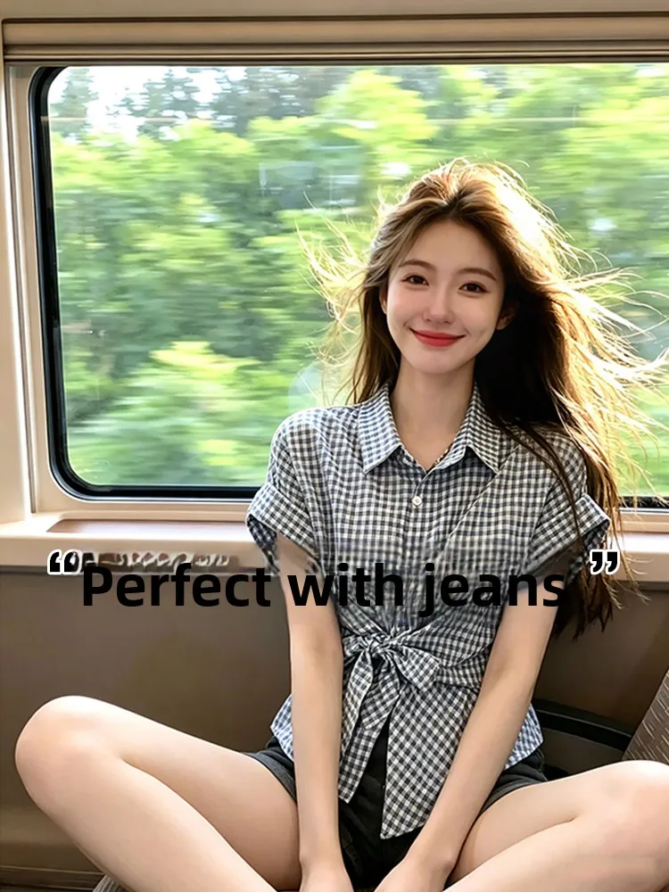 

Blue Plaid Knot Short Sleeve Shirt Women's Summer Style Slim Fit Casual Shirt Korean Style Breathable Skin-Friendly