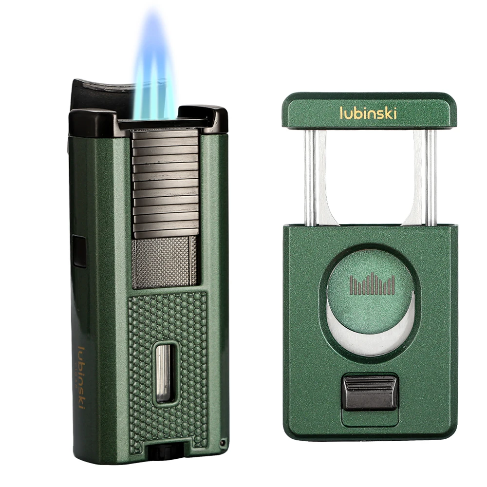 LUBINSKI Cigar Lighter Butane Gas Torch Blue Flame Jet Lighters With Needles Driller Metal Cigar Cutter Guillotine