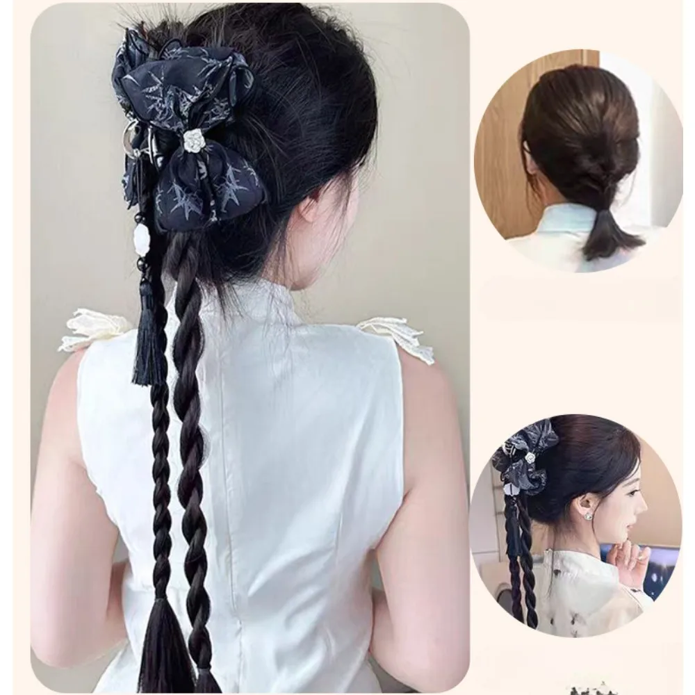 Chinses style bowknot clip-on Ponytail Synthetic wigs woman Retro gentle Boxing braid horsetail wig hair Extension 50cm