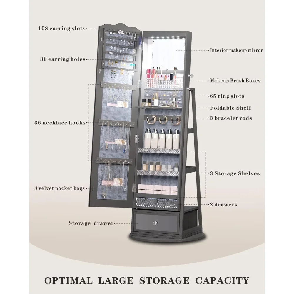 Armoire à bijoux avec lumières LED 3 couleurs, MEL& 360 ° rotatif, étagère à livres, miroir debout, rangement pour bijoux, ample rangement