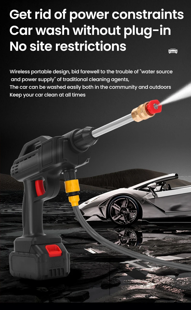 Kabellose Autowaschpistole, Tragbare Haushalts-Hochdruck-Wasserpistole mit Ladefunktion zur Reinigung von Autos, Terrassen und Gärten – Detail 2