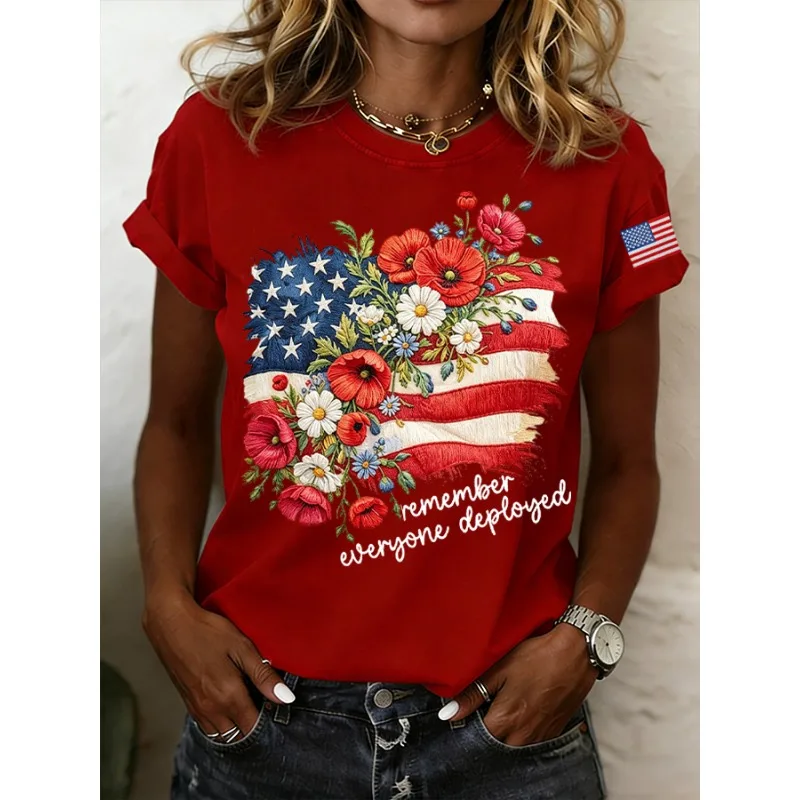 NEW Women's Red Friday Print T-Shirts Summer Short Sleeve T Shirt Casual Remember Everyone Deployed Round Neck Tops