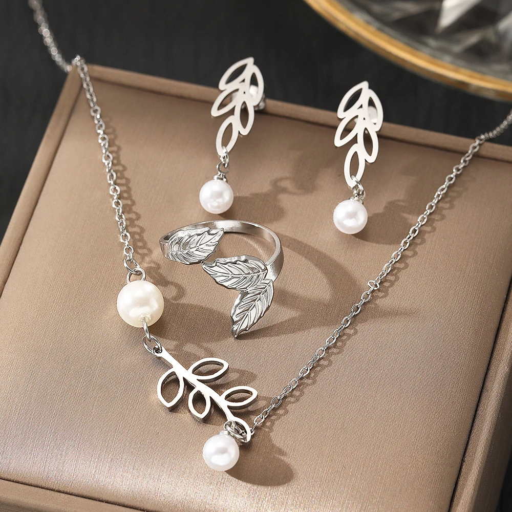 Stainless Steel Jewelry Set Leaf Pearl Earrings Pearl Necklace Size Adjustable Leaf Ring Jewelry Set For Women Jewelry New Style