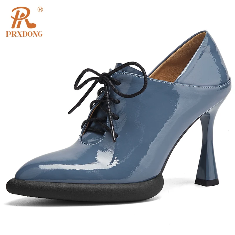 PRXDONG New 2024 Spring Autumn Genuine Leather Women Shoes High Heels Platform Black Blue Lace Up Dress Party Office Lady Pumps