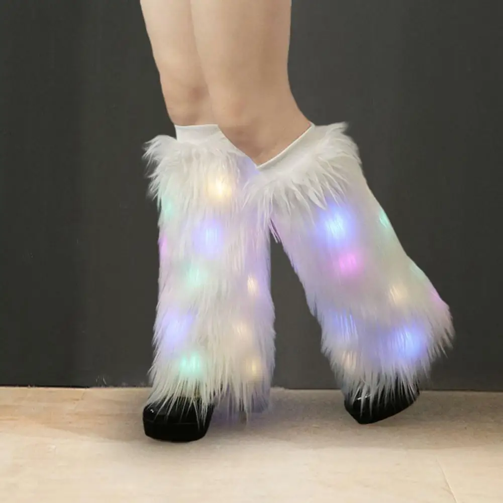 1 Pair Women Autumn Winter LED Light Furry Leg Warmers Imitation Fur Boot Covers Plush Elastic Leg Socks Fashion Accessories