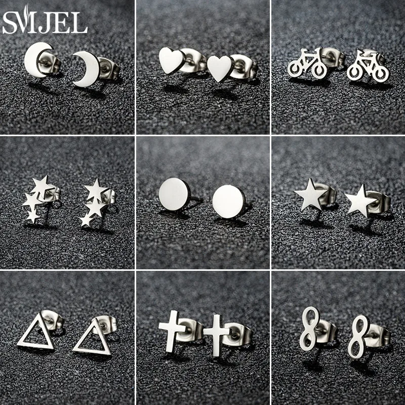 Женские серьги SMJEL из нержавеющей стали, простые геометрические серьги-гвоздики в форме треугольника, круга, сердца, бесконечности, Креста, звезды, Луны, хороший подарок для друзей