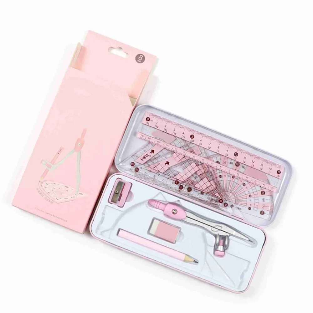 Durable Iron Box Compass Ruler Set Blue/Pink 160 * 65mm Geometry Drawing Kit Exam Drawing Tools Exam
