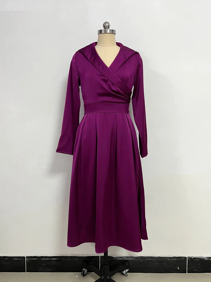 Abito in raso con scollo a V da donna autunnale Abito dimagrante a vita alta da donna a maniche lunghe di nuova moda per abito elegante solido da sera per feste