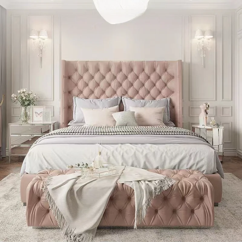 Princess Pretty Modern King Size Bed Frame Pink Luksusowe łóżko z litego drewna Loft Comferter Villa Cama Box Casal Meble do sypialni