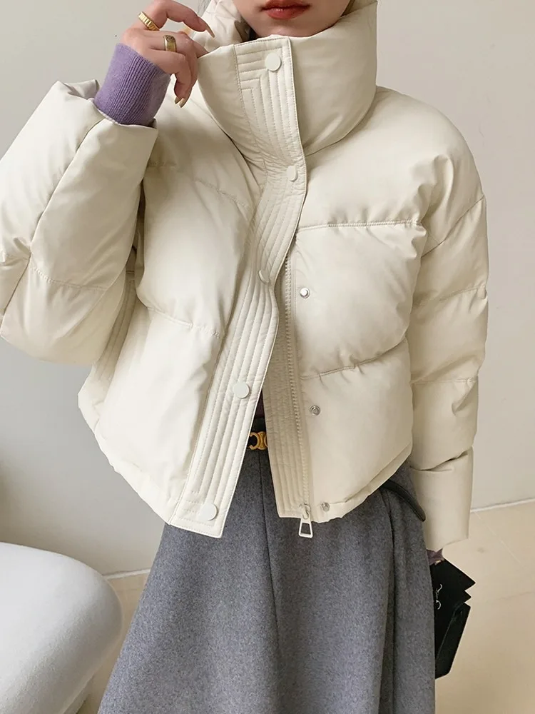 Retro Sli Design PU Leather Cotton Jaet Women's Korean Version ort Thiened Bread Sle Outerwear Stand Collar