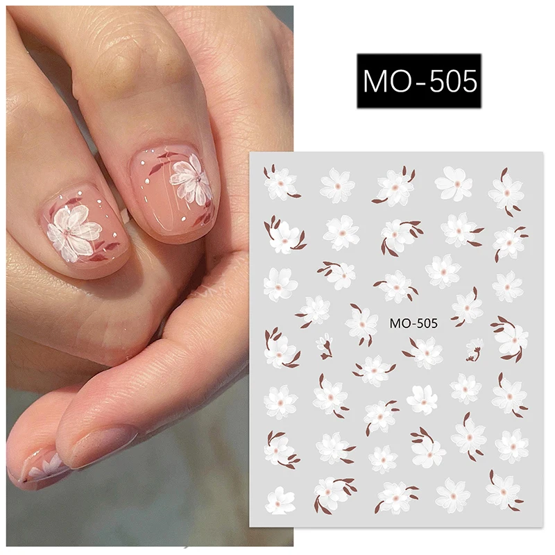 5d Embossed Nail Art Stickers Retro Hand Painting White Pink Petals Flowers Sliders Decals Decorated Nail Manicures