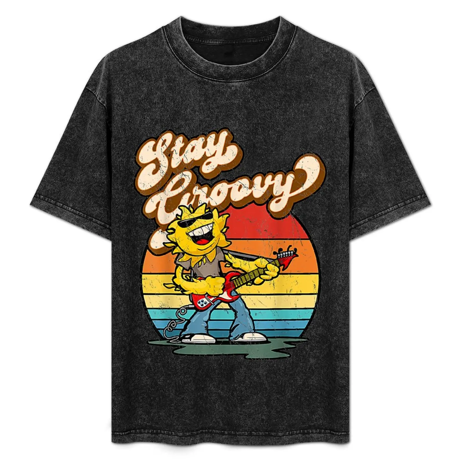 

Retro Stay Groovy Vintage Classic Rock Guitar Playing Sun T-Shirt Basic Daily Outfit Short Sleeve Tee