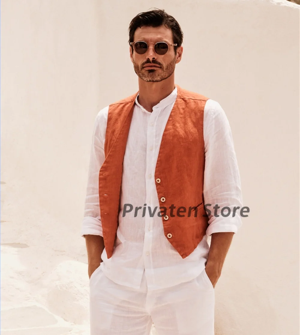 Men's Vest Linen Single-Breasted Summer Orange Cardigan Casual Fashion Bright Colors Gentleman Clothing chaleco hombre vestir