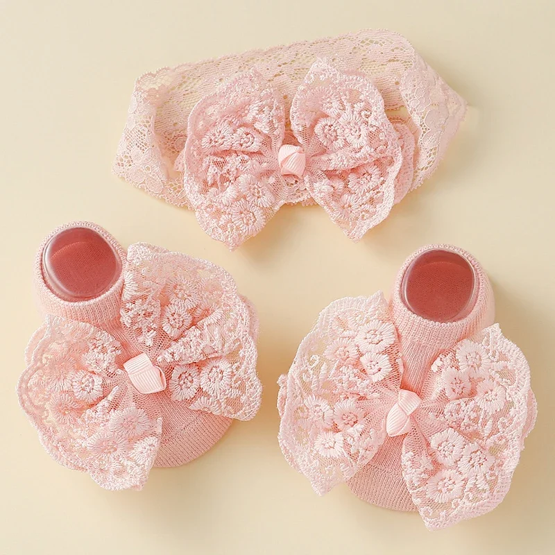 2PCS/Set Baby Headband Socks Lace Bow Embroidery Newborn Princess Hairbands Cotton Kids Anti-Slips Boat Socks Headwear for Girl