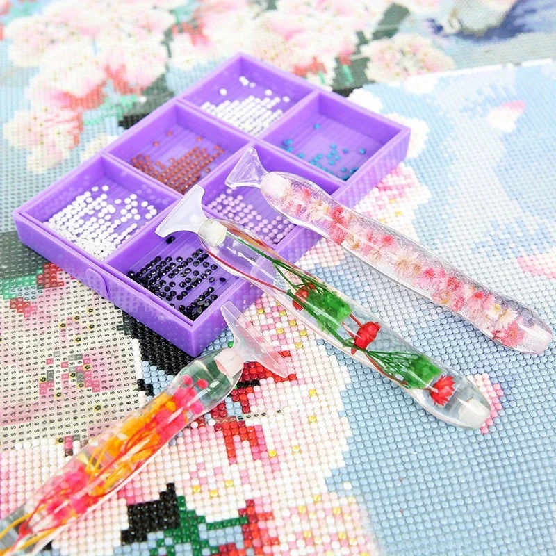 1set Flower Design Resin 5D Diamond Painting Pen, Colorful Point Drill Pen with 6 Heads DIY Arts Crafts Handmade Accessories