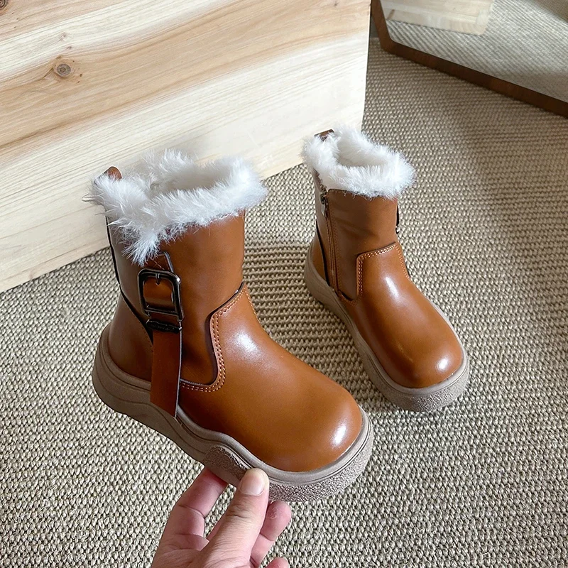 2025 Children Leather Boots for Girls Winter New Fashion Korean Style Soft Bottom Anti-slippery Versatile Keep Warm Cotton Boots